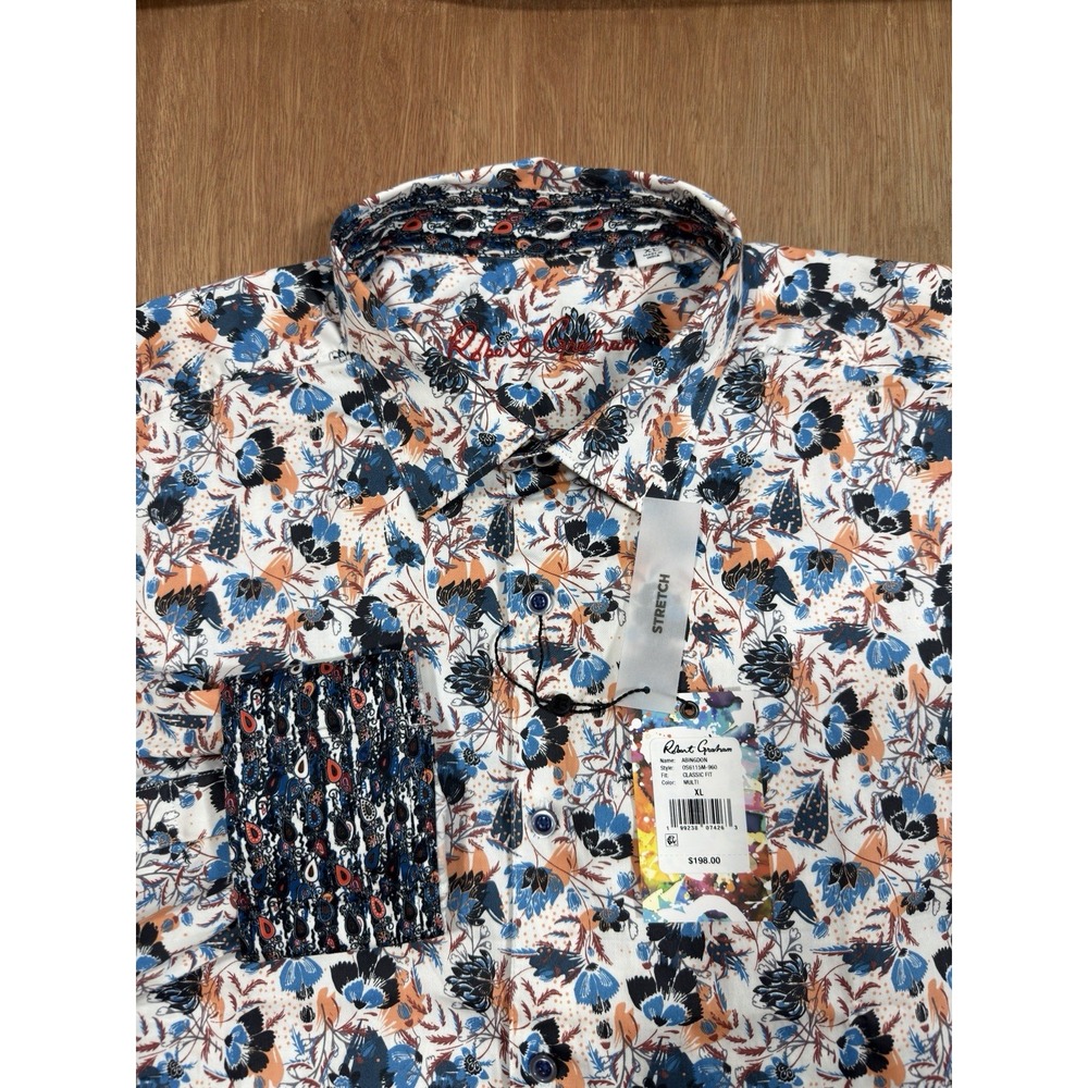 $198 Robert Graham Floral Flip Cuff Stretch Button Up Bold Shirt Mens XL NWT